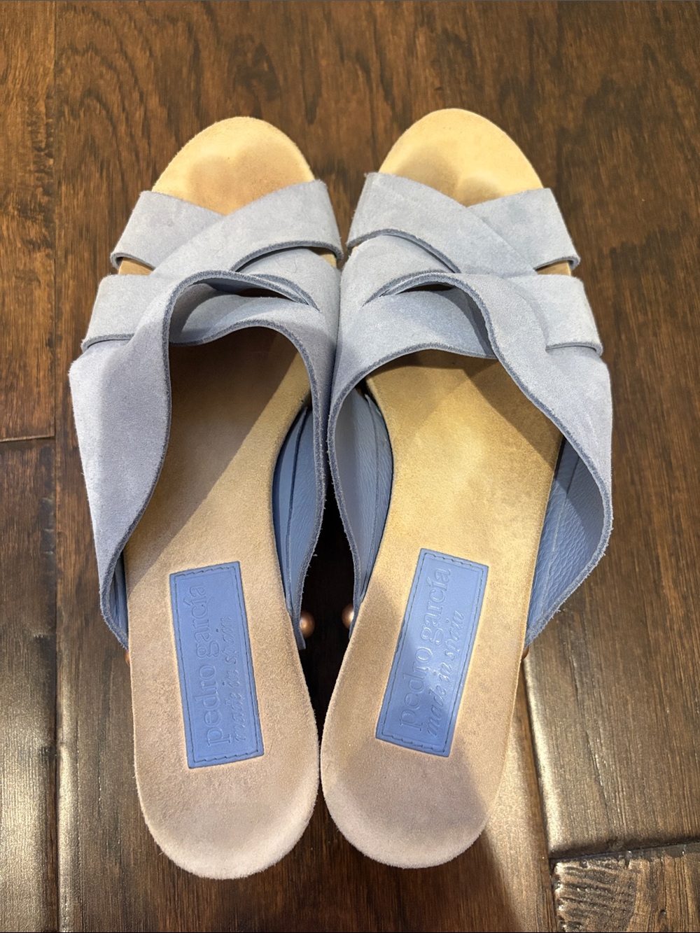 Pedro Garcia Light Blue Suede Crisscross Slide Mules